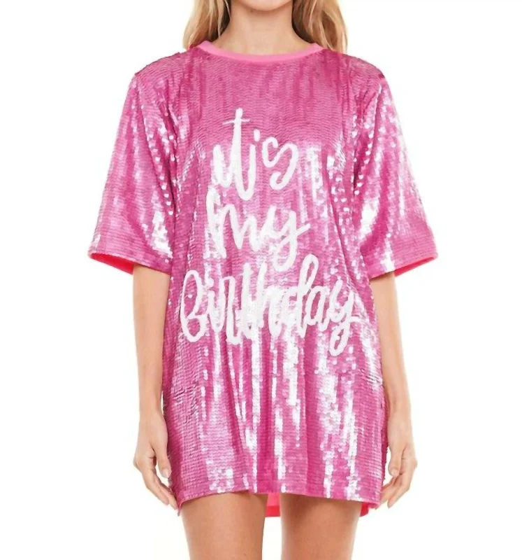 It's My Birthday Sequin Shirt Dress In Hot Pink