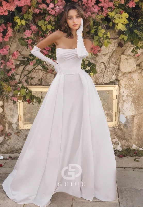 A-Line Strapless Sleeveless Satin Wedding Dress with Train