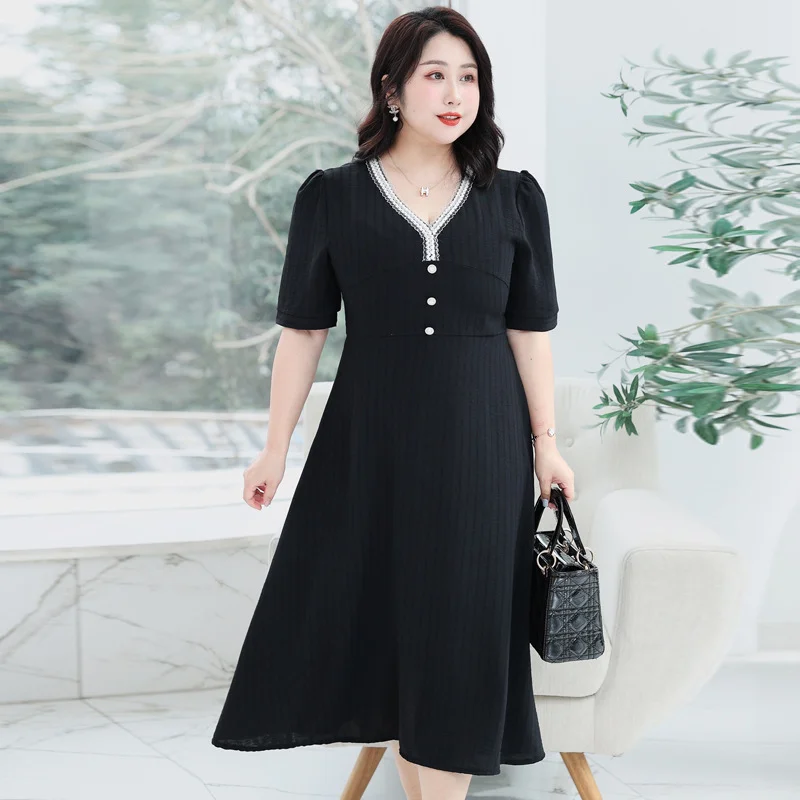 (4XL-8XL) Plus Size Korean V Neck Black Midi Dress (EXTRA BIG SIZE)