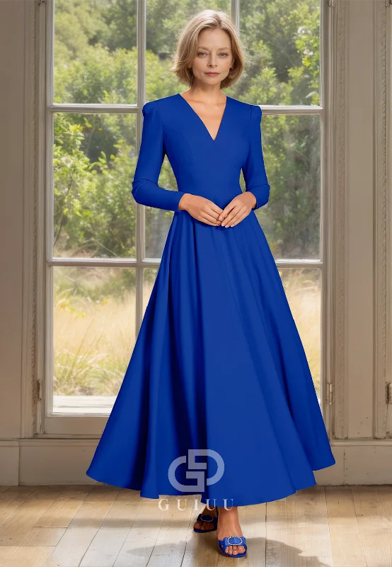 A Line V Neck Long Sleeves Simple Elegant Mother of the Bride Dress