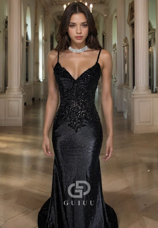 G4566 - Elegant Mermaid V Neck Straps Sleeveless Pleats Black Beaded Prom Dress with Court Train