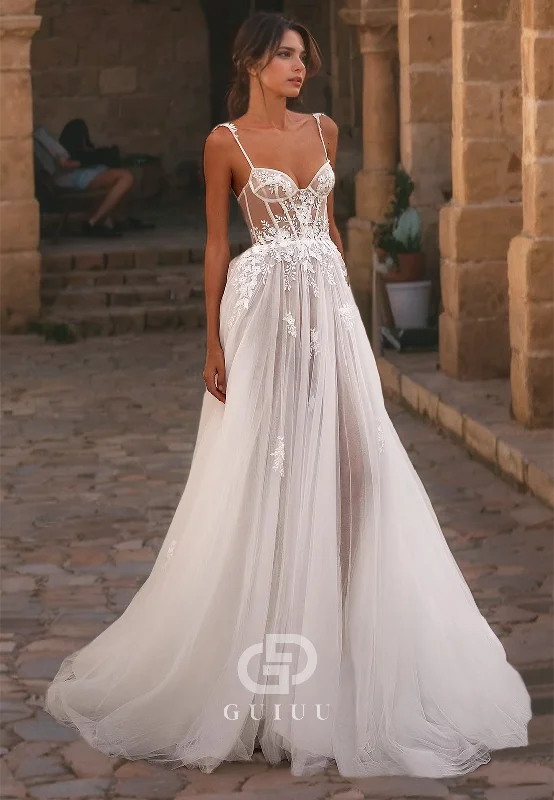 GW1046 -  A-Line Strapless Sleeveless Straps Appliques Tulle Illsion Beach Wedding Dress