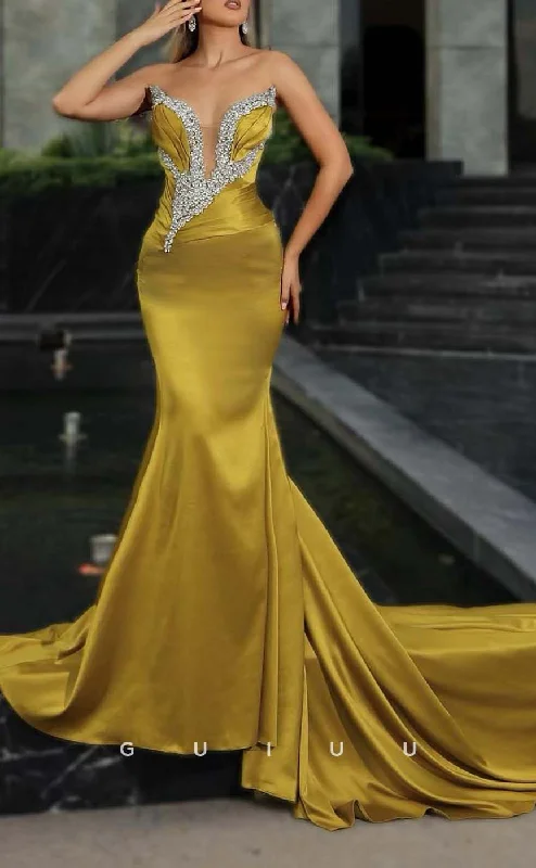 G3314 - Chic & Modern V-Neck Strapless Beaded Long Party Prom Evening Dresses