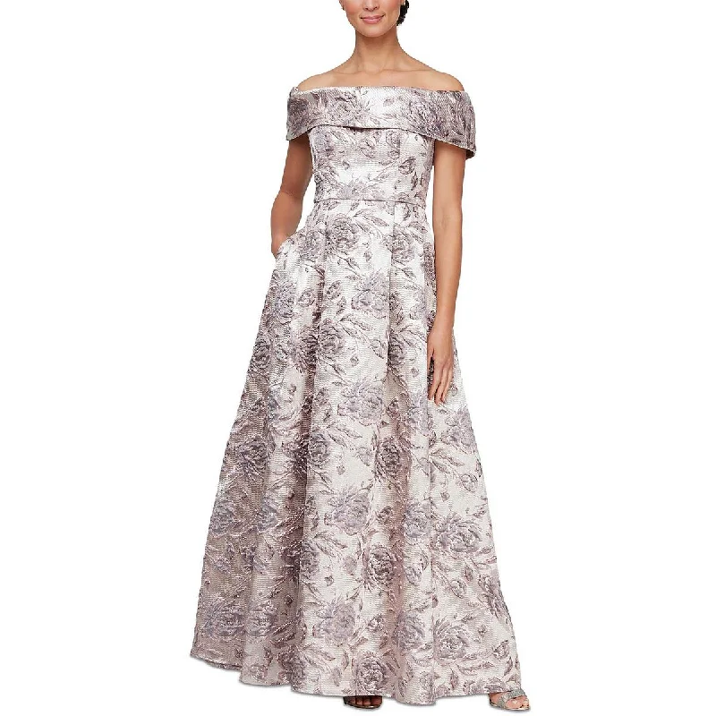 Womens Flora Print Metallic Evening Dress