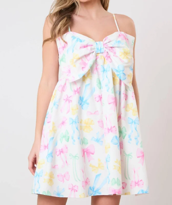 Ribbons Prints Dress In White Multi