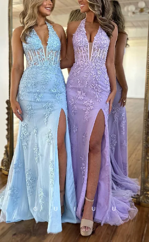 G4160 - Chic & Modern Sheath V-Neck Halter Floral Appliqed and Beaded Evening Gown Prom Dress with High Side Slit