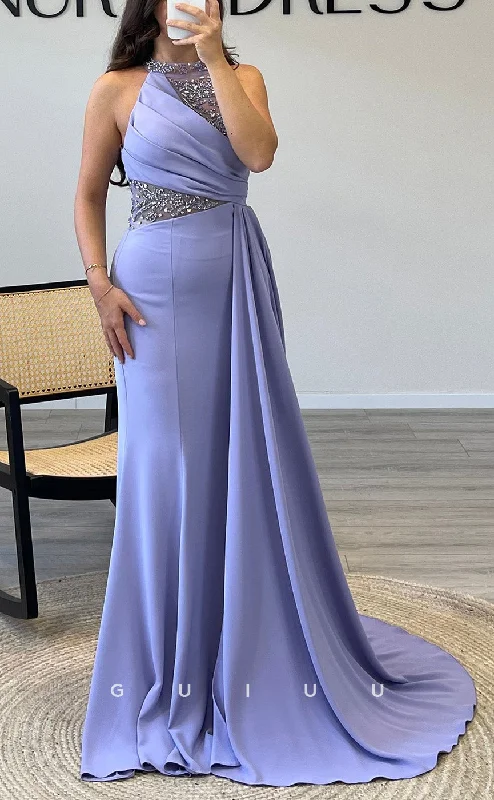 G3542 - Sexy & Hot Trumpet Halter Beaded Draped Floor-Length Party Gown Prom Dress With Overlay