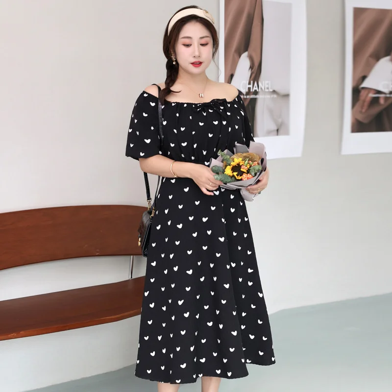 (4XL-8XL) Plus Size Hearts Print Korean Off Shoulder Short Sleeve Dress (EXTRA BIG SIZE)