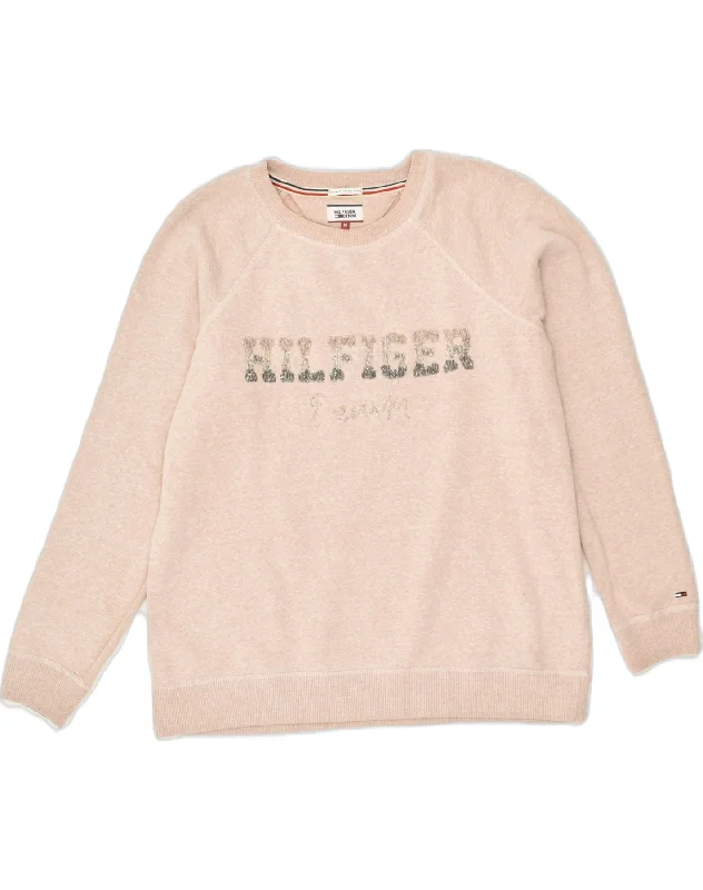 TOMMY HILFIGER Womens Graphic Sweatshirt Jumper UK 14 Medium Beige Cotton