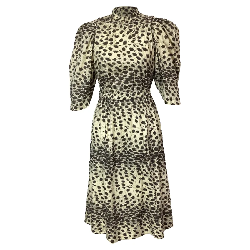 Sea New York Leopard Print Midi Puffed Sleeve Dress in Multicolor Cotton