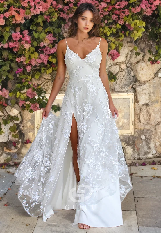 A-Line V Neck Straps Sleeveless Open Back Fully Lace Wedding Dress with High Side Slit and Train (without Veil)