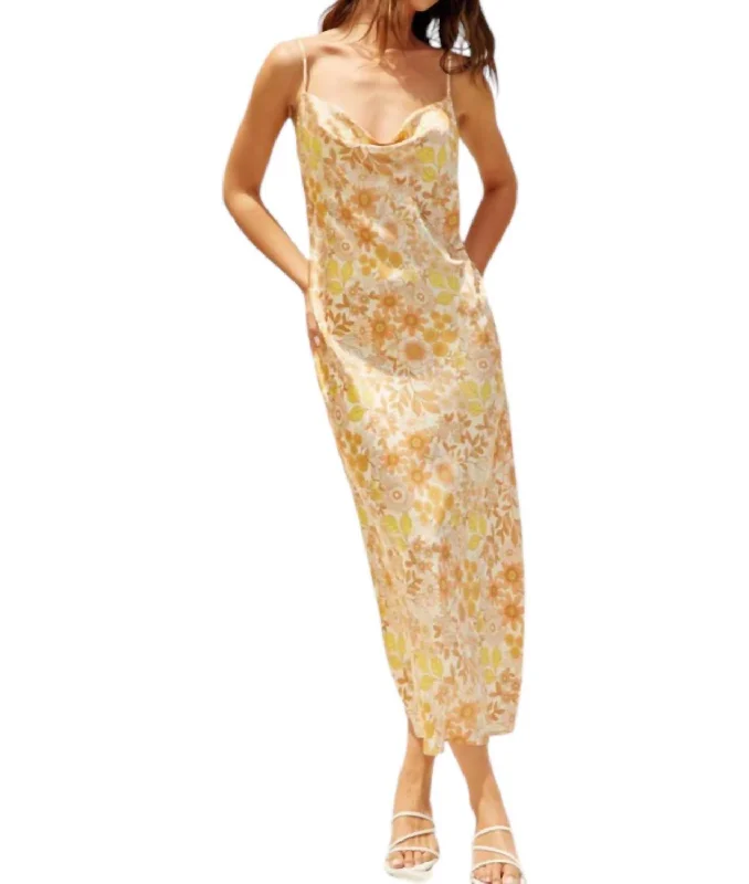 Ava Satin Floral Dress In Yellow