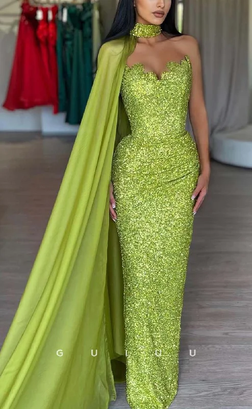 G3175 - Sexy & Fitted Strapless Sequins Green Long Formal Prom Dresses With Shawl