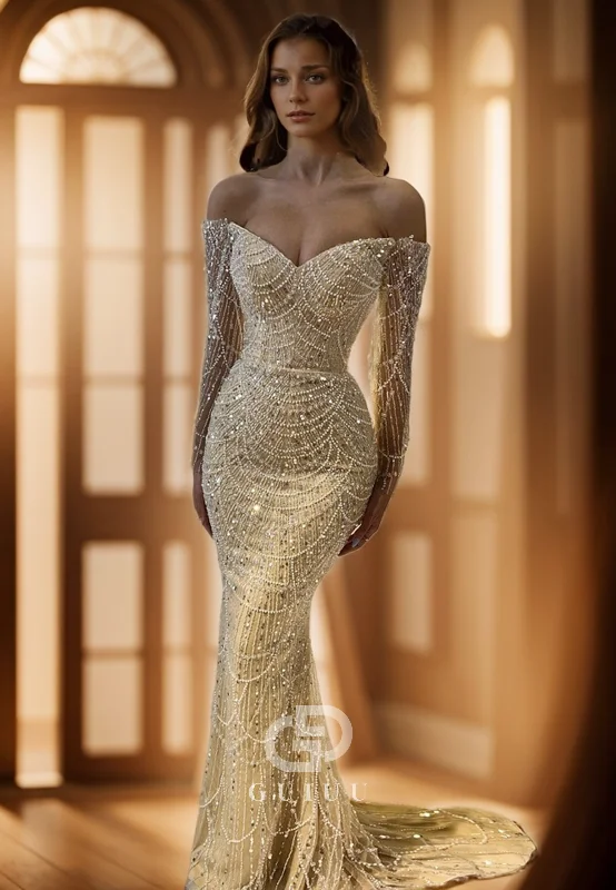 G4093 - Glamorous Mermaid Off Shoulder Fully Beaded Long Prom Dress with Court Train