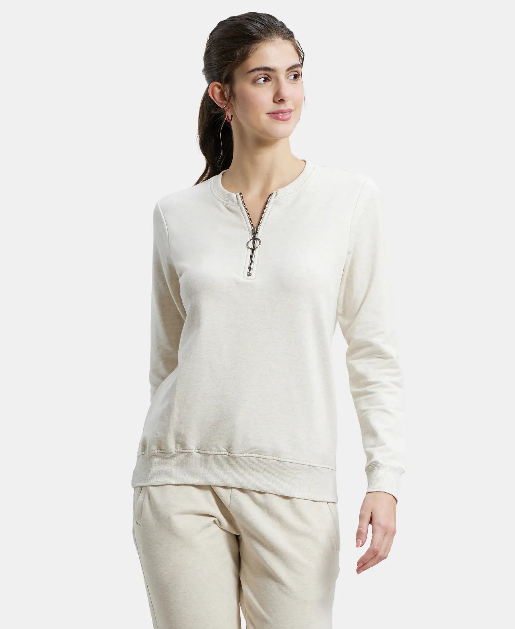 Super Combed Cotton Elastane Stretch Melange Sweatshirt with Round Neck Half Zip - Cream Melange