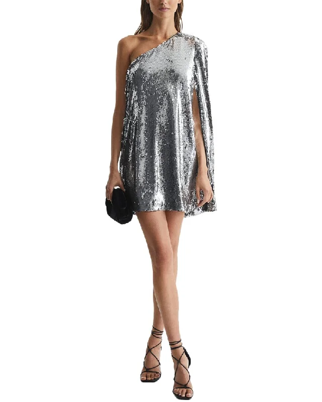 Reiss Eva Sequin Cape One Shoulder Mini Dress