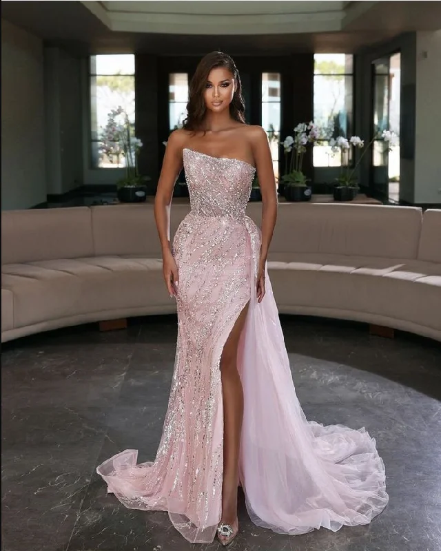 Sheath Strapless Side Slit Pink Long Formal Prom Dress