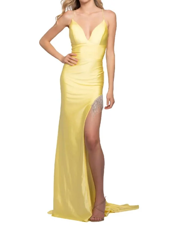 Sparkle Fringed Leg Gown In Yellow