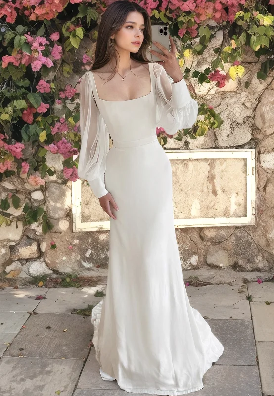 Sheath Square Neck Long Sleeves Long Wedding Dress with Train