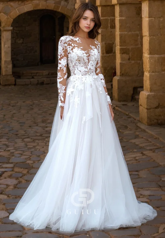 GW1045 - A-Line V Neck Long Sleeves Appliques Tulle Beach Wedding Dress