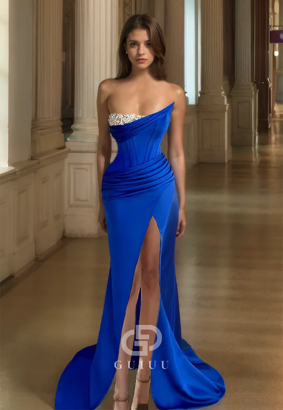 Royal Blue Strapless Sleeveless Prom Dress with Beads Slit Evening Party Dress