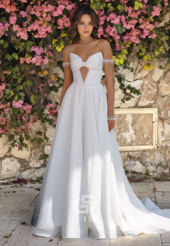 A-Line Strapless Sleeveless Beaded Pleated Long Satin Wedding Dress with Train