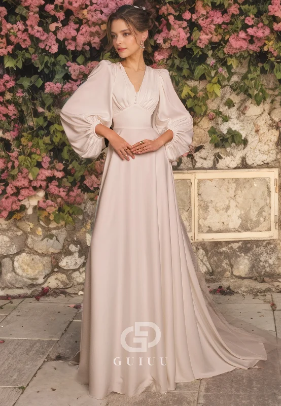 A-Line V Neck Long Lantern Sleeves Pleated Long Wedding Dress with Train