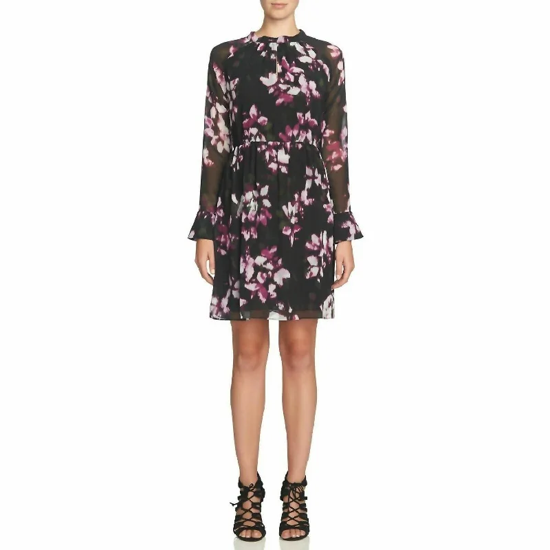 Floral Print Chiffon Casual Cocktail Dress In Black