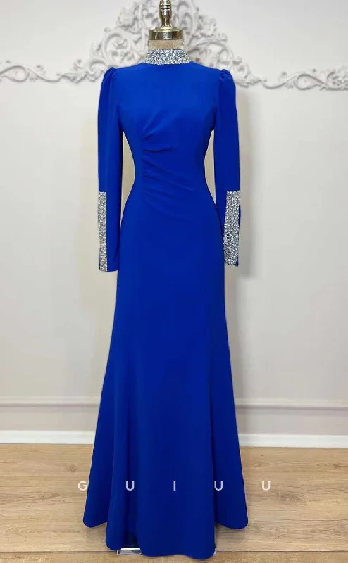 G4318 - Classic & Timeless Sheath High Neck Beaded and Draped Formal Party Prom Dress with Long Sleeves