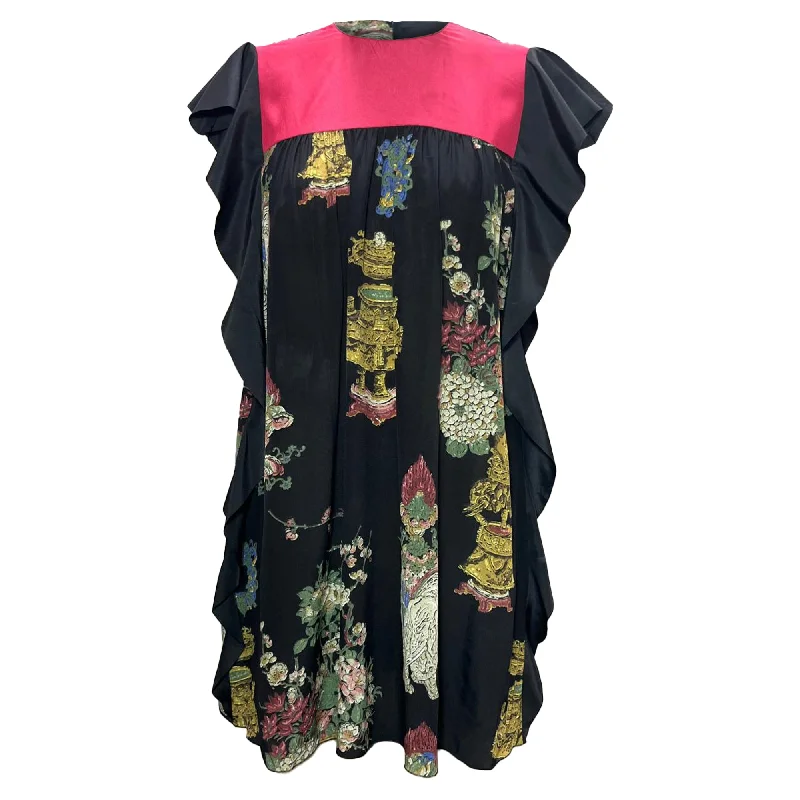 Red Valentino Ruffle Trim Dress in Floral Print Silk