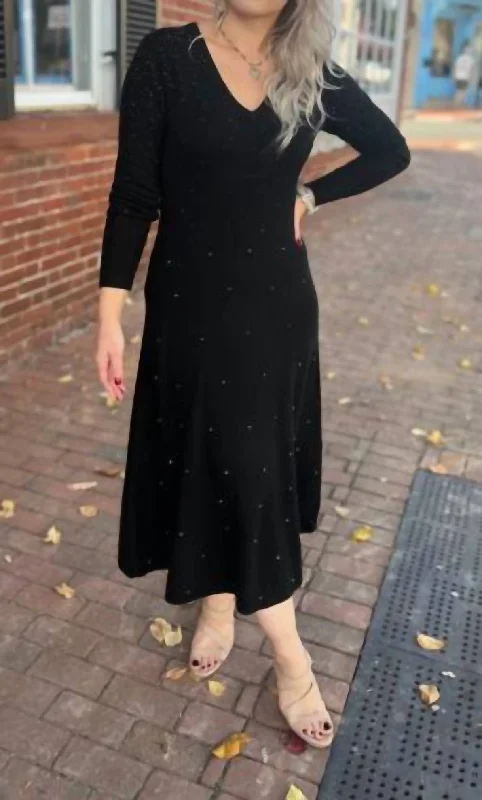 Gradient Studded V Neck Midi Dress In Black