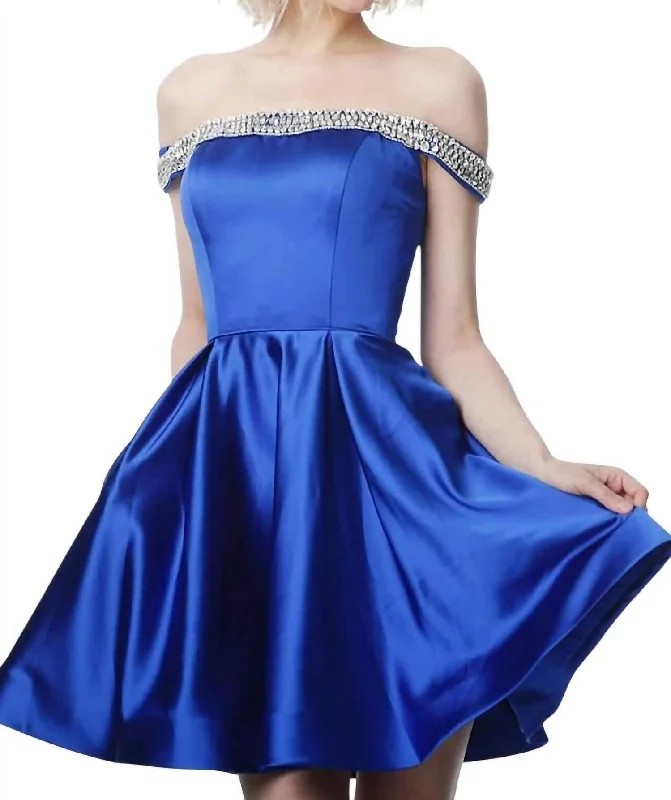 Stone Satin Off Shoulder Gown In Royal