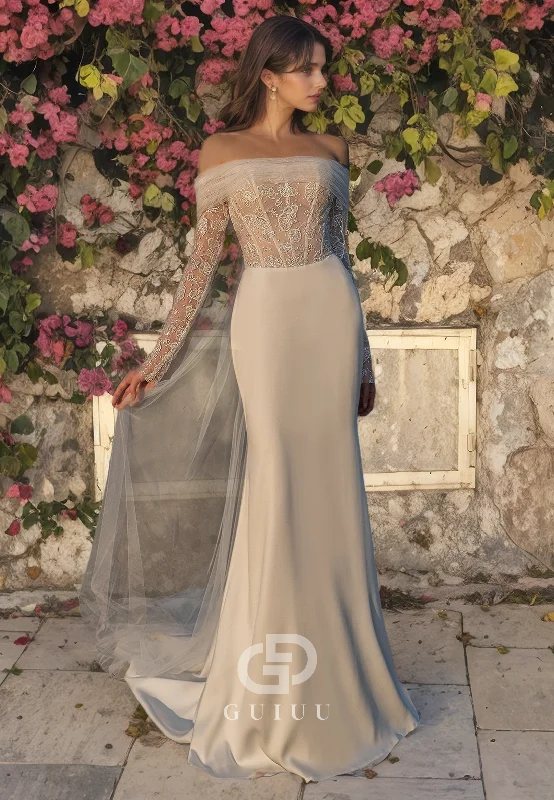 Sheath Off Shoulder Long Lace Sleeves Pleated Wedding Dress with Train