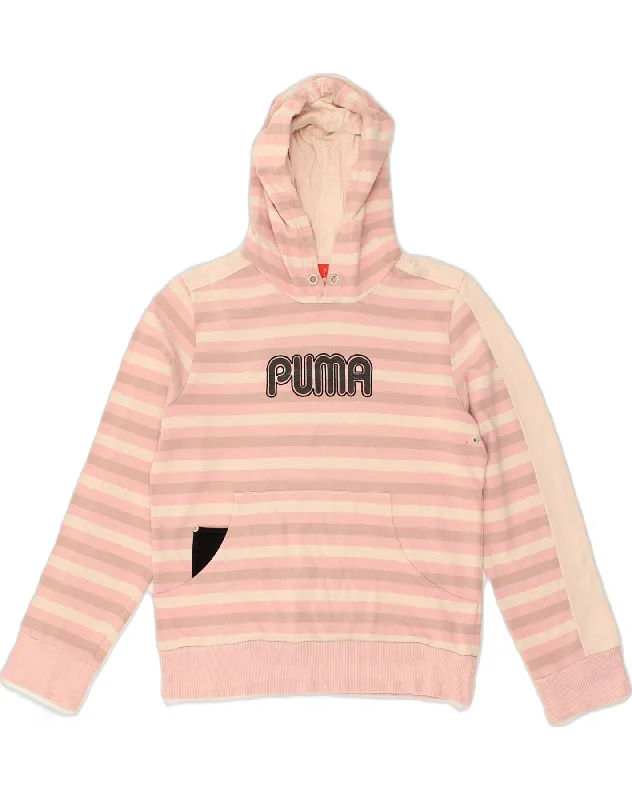 PUMA Womens Graphic Hoodie Jumper UK 14 Large Pink Striped Cotton