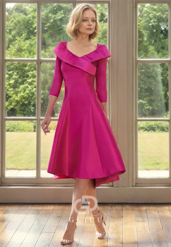 Fuchsia A-Line Half Sleeves V-Neck Knee-Length Mother of the Bride Dress