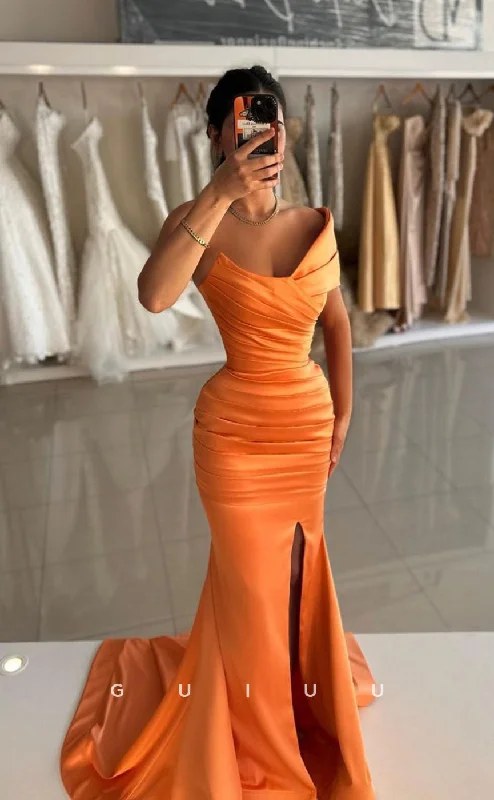 G4144 - Mermaid Boat Neck Sleeveless Pleated Long Prom Party Dress with Slit and Tain