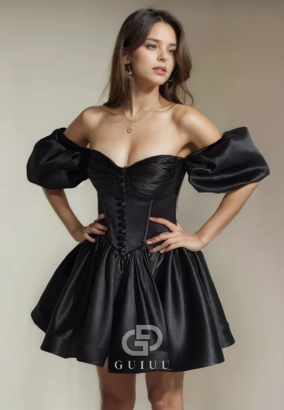 A-Line Off Shoulder Half Sleeves Pleated Buttons Homecoming Dress