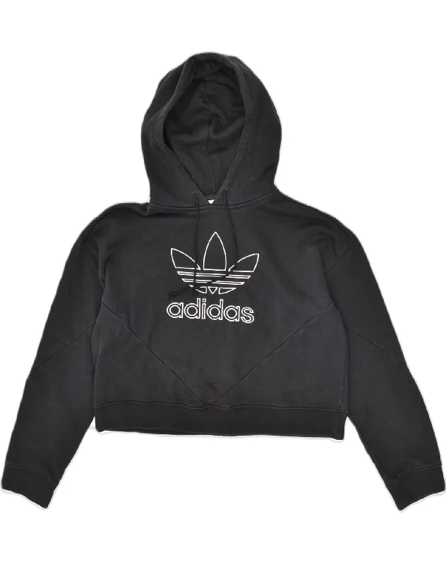 ADIDAS Womens Crop Graphic Hoodie Jumper UK 10 Small  Black Cotton