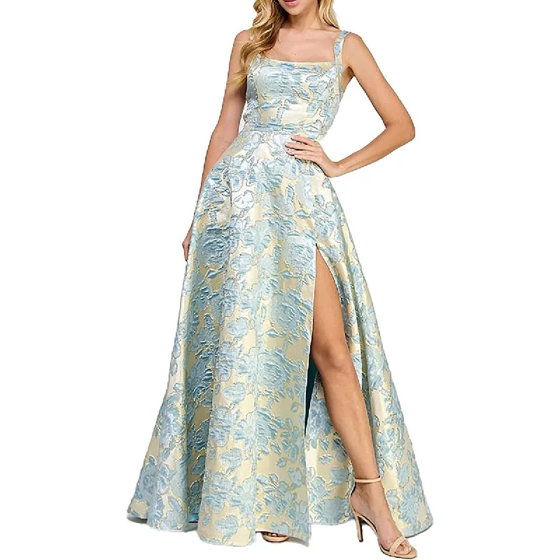 Juniors Womens Floral Metalic Evening Dress