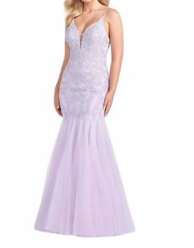 Tulle Plunge V-Neck Prom Dress In Lilac