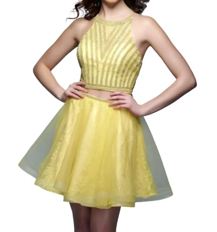 Halter Beaded Fitted Mini Gown In Yellow