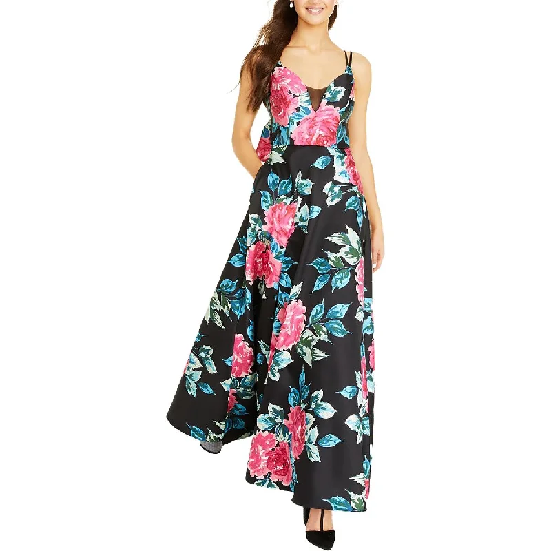 Juniors Womens Floral Bow Back Evening Dress