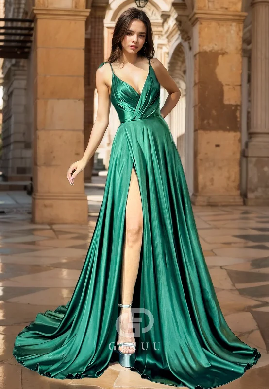 A Line V Neck High Split Simple Formal Evening Dress