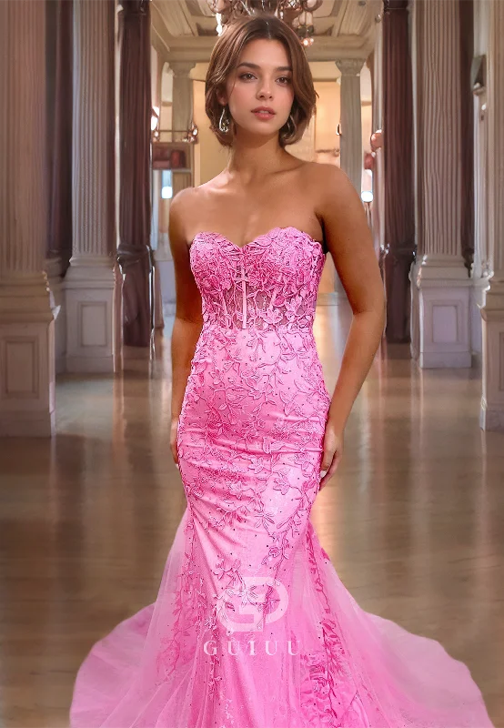 Mermaid Strapless Sleeveless Appliques Long Prom Dress with Train