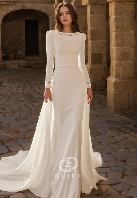 GW1026 - A-line Scoop Neck Long Sleeves V Back Stain Wedding Dress with Train