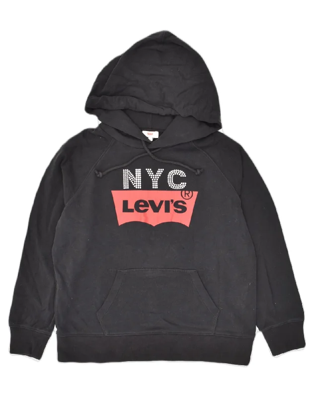 LEVI'S Womens Graphic Hoodie Jumper UK 12 Medium Black Cotton