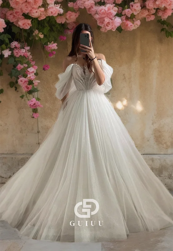 GW807 - Simple & Casual A-Line Off-Shoulder V-Neck Appliques Wedding Dress