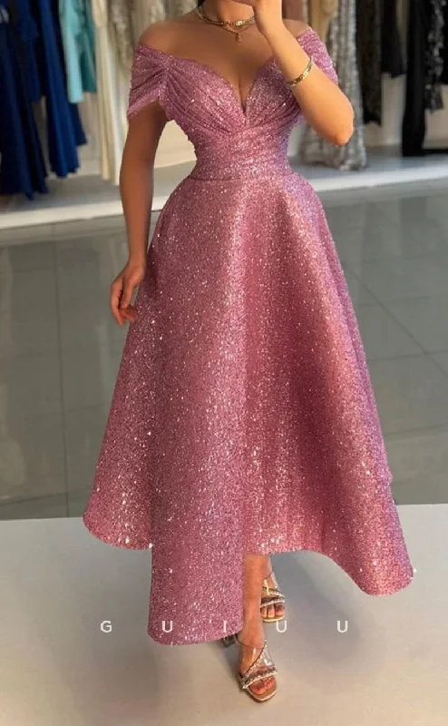 G3375 - Sexy & Hot A-Line Off Shoulder Sweetheart Ankle-Length Glitter Gown Prom Dress