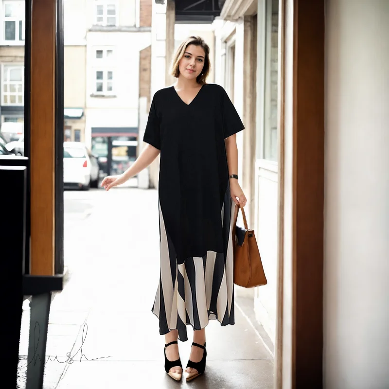 Plus Size Black Stripes V Neck Short Sleeve Midi Dress