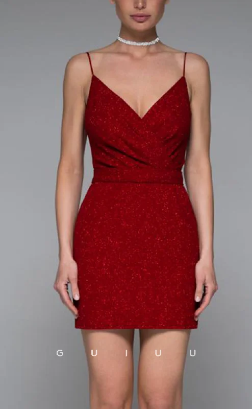 GH621 - Sexy/Hot Sparkle V-Neck Pleats Burgundy Homecoming Dress With Sash Gown